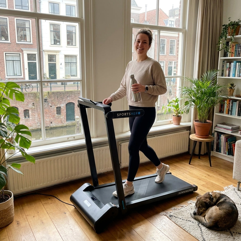 Sanne walks on her RunningPad Pro in front of the window